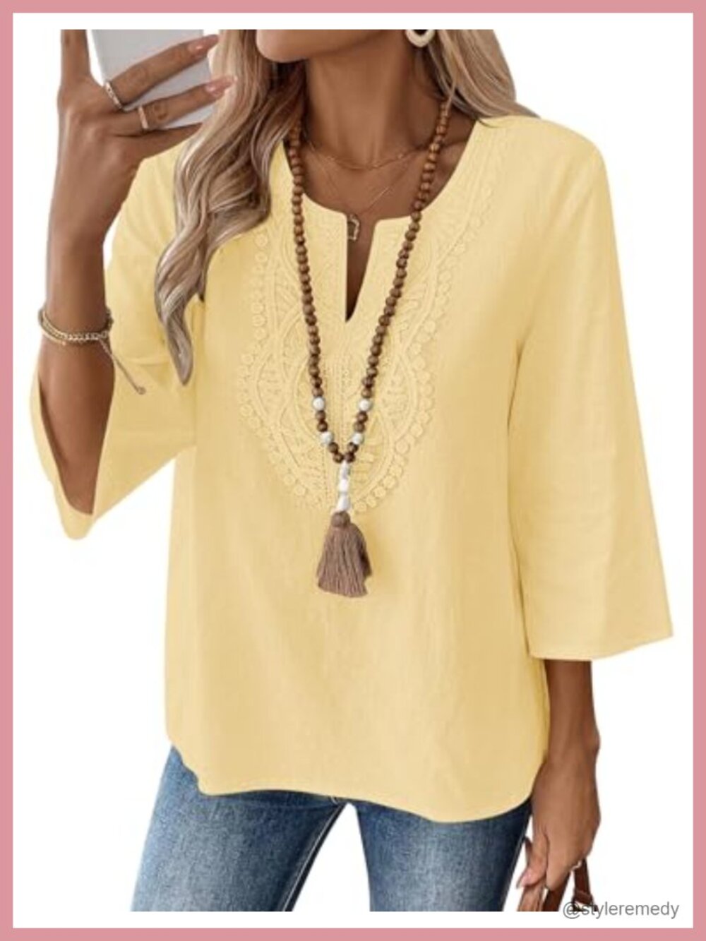 LOMON Womens 3/4 Sleeve Cotton Linen V-Neck Lace Tunic Top Loose Fit